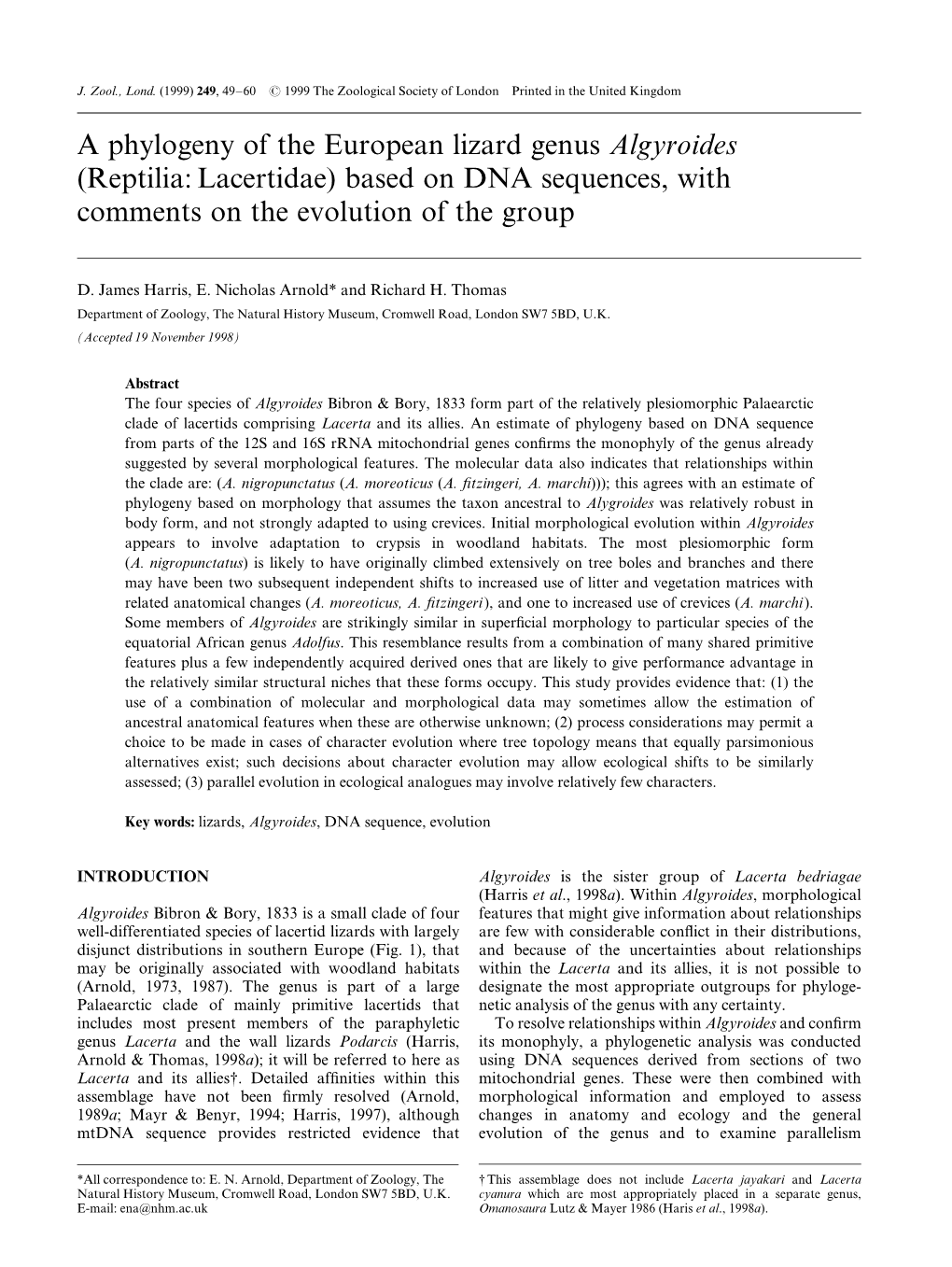 A Phylogeny of the European Lizard Genus Algyroides (Reptilia: Lacertidae) Based on DNA Sequences, with Comments on the Evolution of the Group