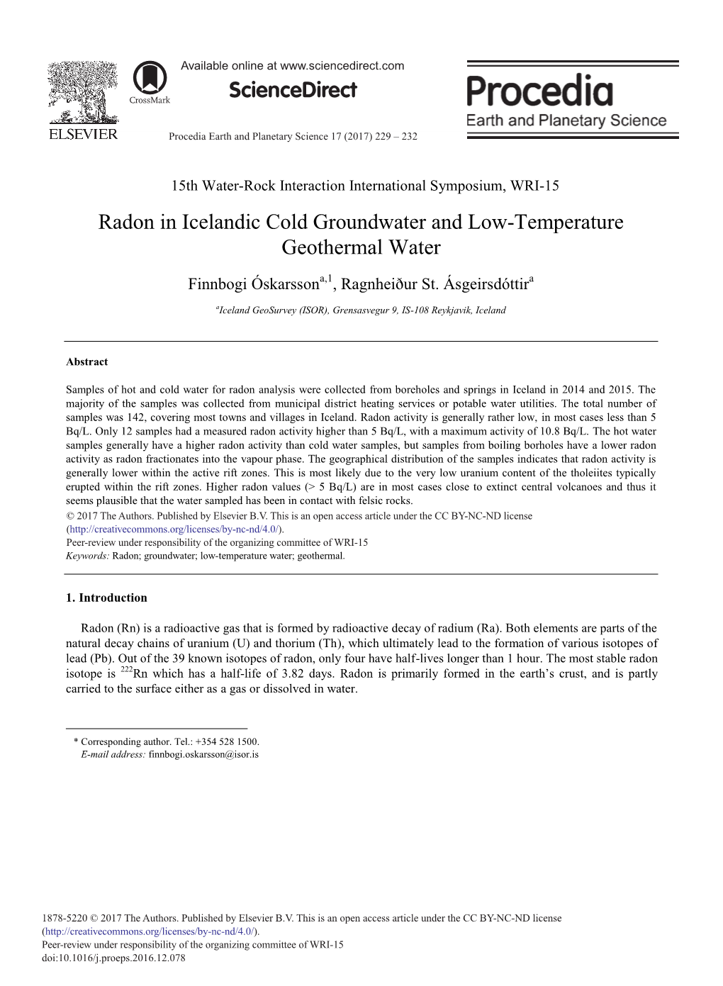 Radon in Icelandic Cold Groundwater and Low-Temperature Geothermal Water