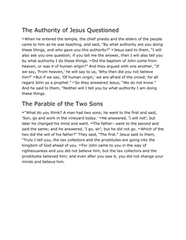 The Authority of Jesus Questioned the Parable of the Two Sons