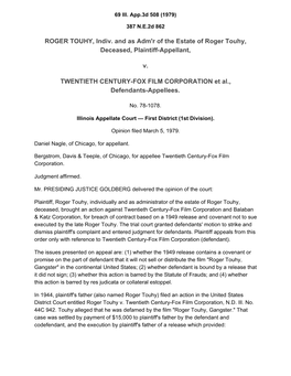 ROGER TOUHY, Indiv. and As Adm'r of the Estate of Roger Touhy, Deceased, Plaintiff-Appellant