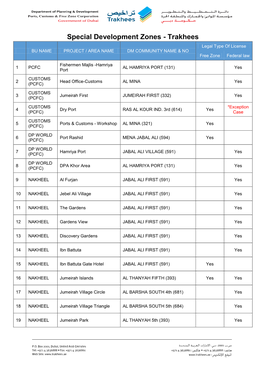 Special Development Zones - Trakhees Legal Type of License BU NAME PROJECT / AREA NAME DM COMMUNITY NAME & NO Free Zone Federal Law