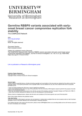 University of Birmingham Germline RBBP8 Variants Associated With