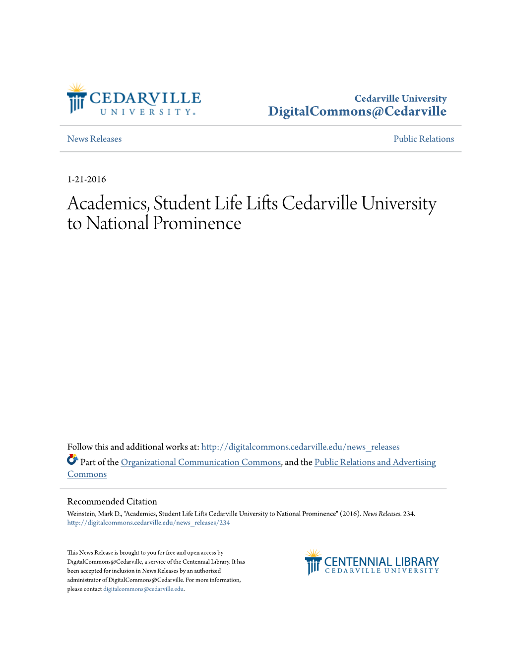 Academics, Student Life Lifts Cedarville University to National Prominence