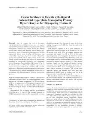 Cancer Incidence in Patients with Atypical Endometrial Hyperplasia Managed by Primary Hysterectomy Or Fertility-Sparing Treatment