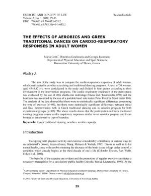 The Effects of Aerobics and Greek Traditional Dances on Cardio-Respiratory Responses in Adult Women