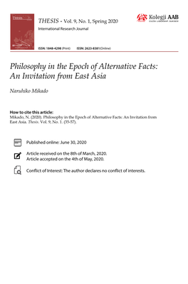 Philosophy in the Epoch of Alternative Facts: an Invitation from East Asia