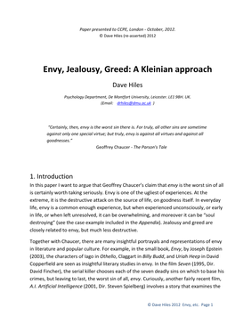 Envy, Jealousy, Greed: a Kleinian Approach