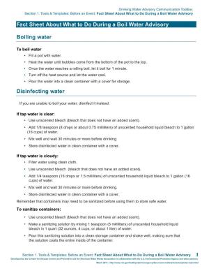 Fact Sheet About What to Do During a Boil Water Advisory Fact Sheet About What to Do During a Boil Water Advisory