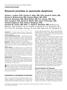 Research Priorities in Spasmodic Dysphonia