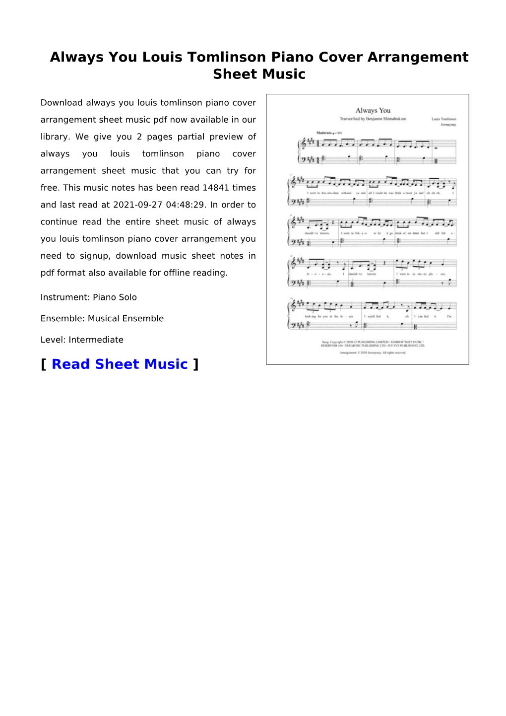 Always You Louis Tomlinson Piano Cover Arrangement Sheet Music