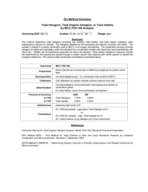 GLI Method Summary Total Halogens, Total Organic Halogens
