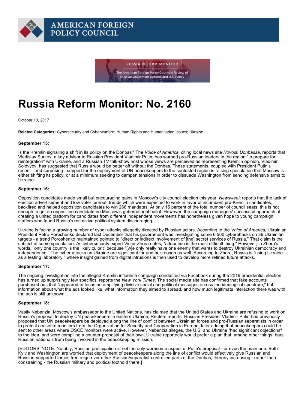Russia Reform Monitor: No. 2160 | American Foreign Policy Council