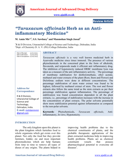 “Taraxacum Officinale Herb As an Anti- Inflammatory Medicine” M