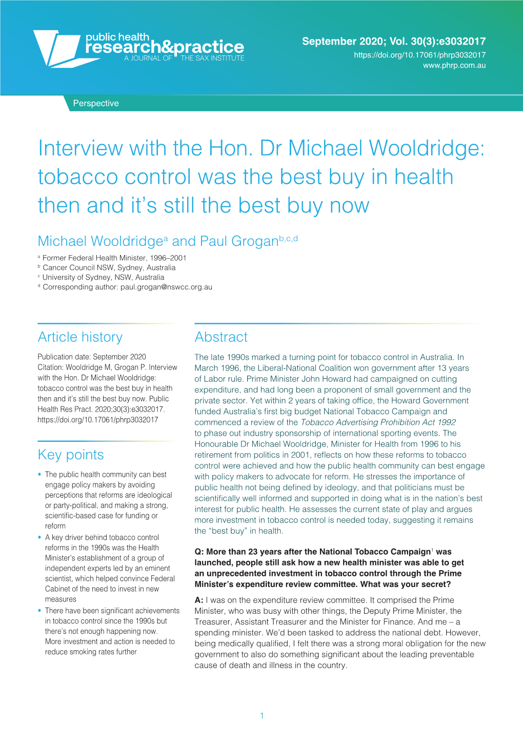 Interview with the Hon. Dr Michael Wooldridge: Tobacco Control Was the Best Buy in Health Then and It’S Still the Best Buy Now