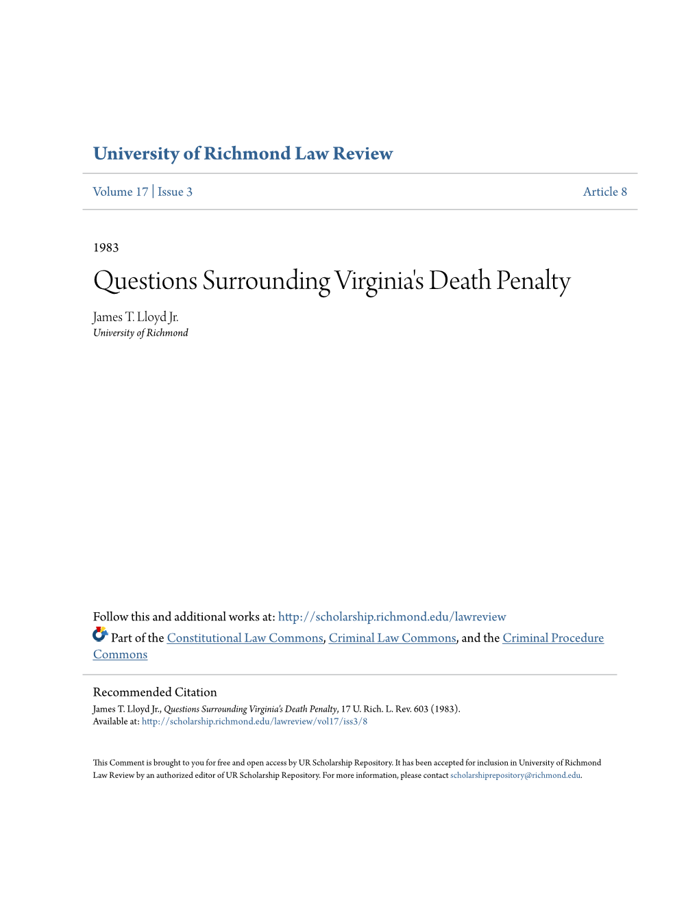 Questions Surrounding Virginia's Death Penalty James T