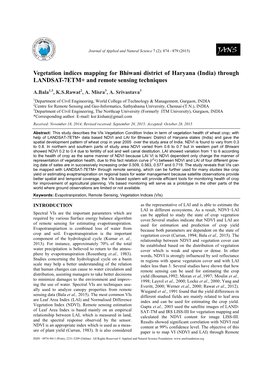 Vegetation Indices Mapping for Bhiwani District of Haryana (India) Through LANDSAT-7ETM+ and Remote Sensing Techniques