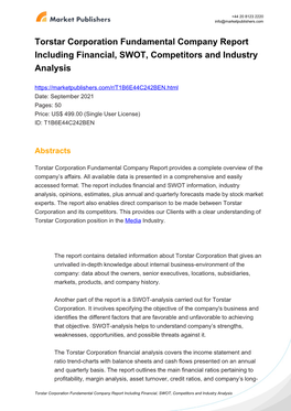Torstar Corporation Fundamental Company Report Including Financial, SWOT, Competitors and Industry Analysis