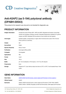 Anti-ASAP2 (Aa 5-194) Polyclonal Antibody (DPABH-00543) This Product Is for Research Use Only and Is Not Intended for Diagnostic Use