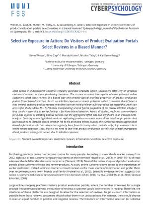 Do Visitors of Product Evaluation Portals Select Reviews in a Biased Manner? Cyberpsychology: Journal of Psychosocial Research on Cyberspace, 15(1), Article 4