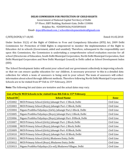 DELHI COMMISSION for PROTECTION of CHILD RIGHTS Government of National Capital Territory of Delhi 5Th Floor, ISBT Building, Kashmiri Gate, Delhi-110006 Helpline No