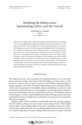 Kālāma-Sutta: Epistemology, Ethics, and the ‘Sacred’