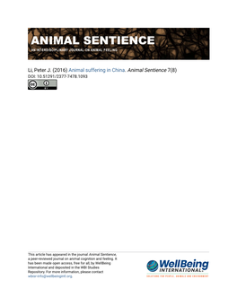 Li, Peter J. (2016) Animal Suffering in China. Animal Sentience 7(8) DOI: 10.51291/2377-7478.1093