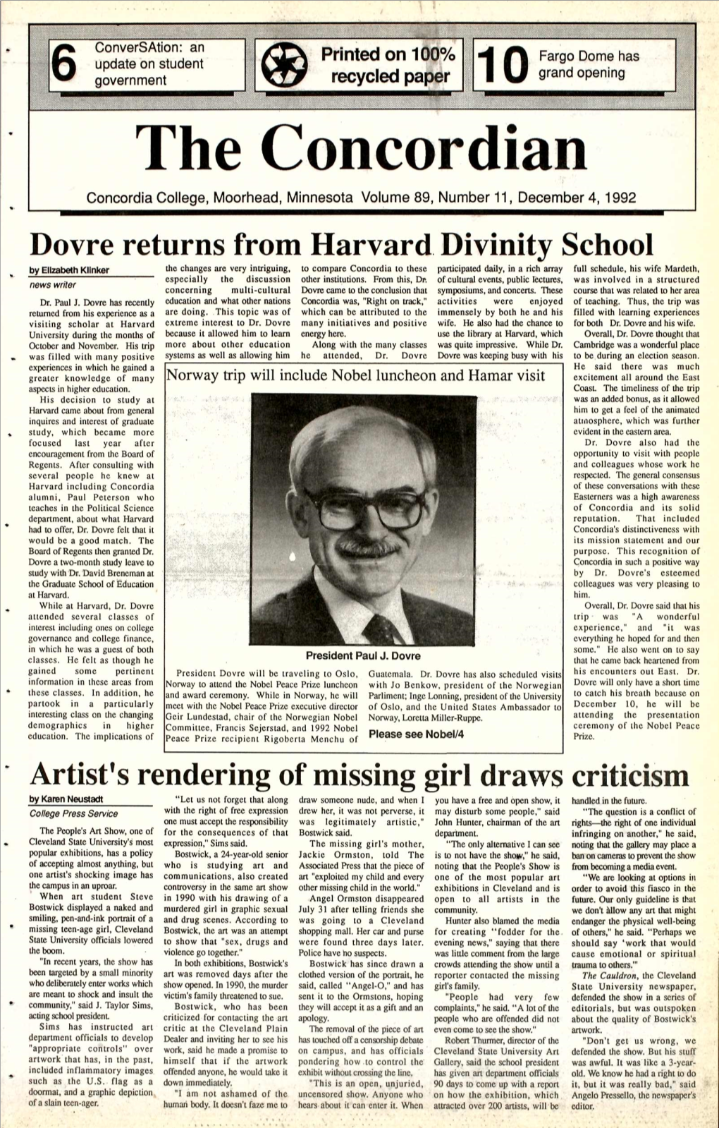 Dovre Returns from Harvard Divinity School Artist's Rendering of Missing