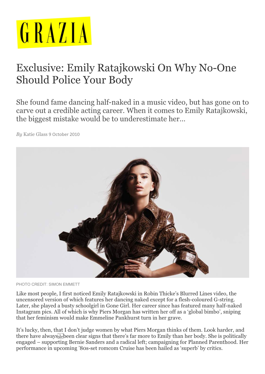 Emily Ratajkowski on Why No-One Should Police Your Body