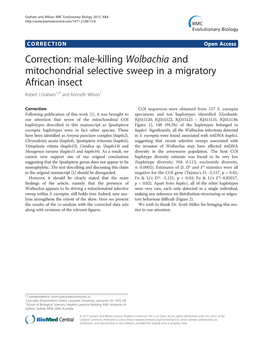Male-Killing Wolbachia and Mitochondrial Selective Sweep in a Migratory African Insect Robert I Graham1,2* and Kenneth Wilson1