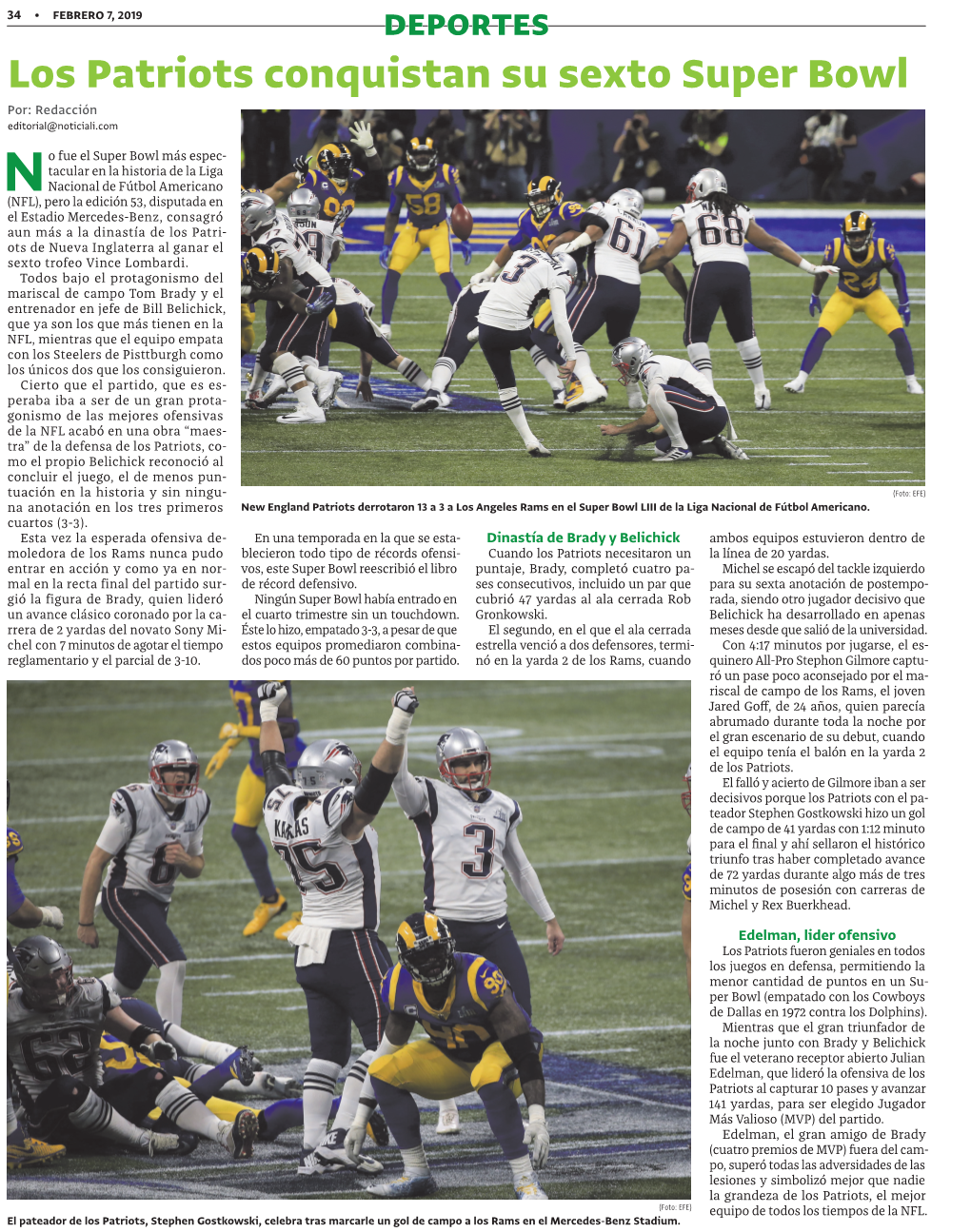 Los Patriots Conquistan Su Sexto Super Bowl Por: Redacción Editorial@Noticiali.Com