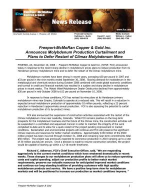 Freeport-Mcmoran Copper & Gold Inc. Announces Molybdenum