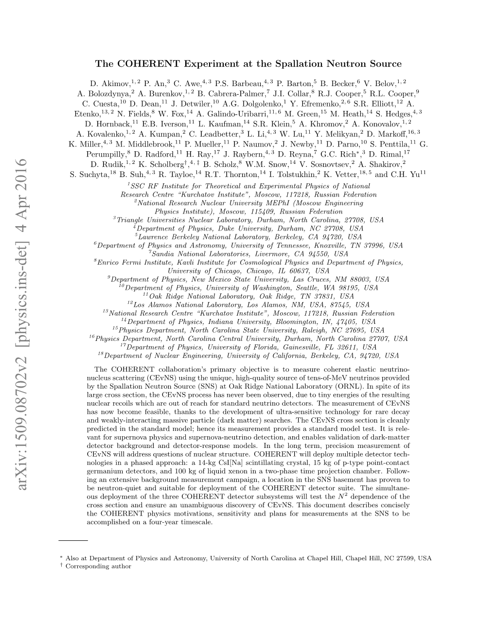 Arxiv:1509.08702V2 [Physics.Ins-Det] 4 Apr 2016 Be Neutron-Quiet and Suitable for Deployment of the COHERENT Detector Suite