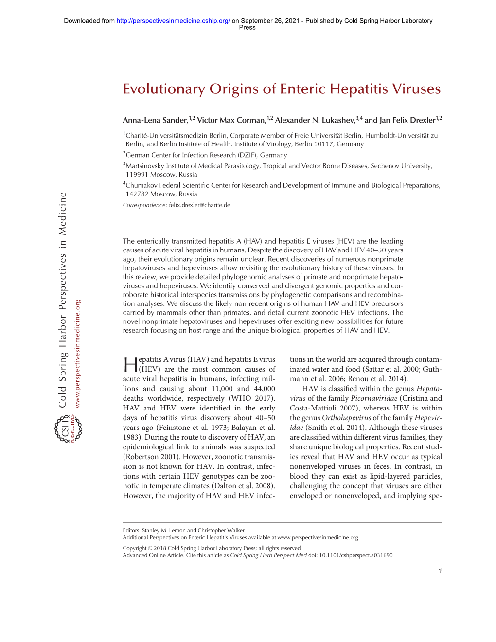 Evolutionary Origins of Enteric Hepatitis Viruses
