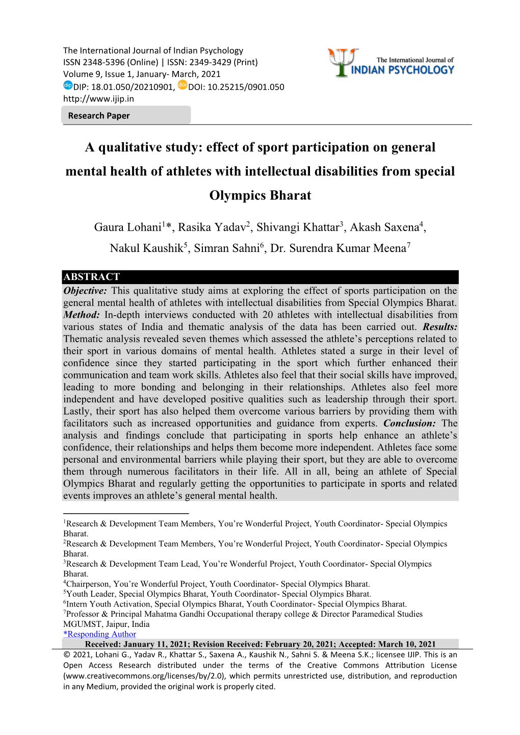 Effect of Sport Participation on General Mental Health of Athletes with Intellectual Disabilities from Special Olympics Bharat