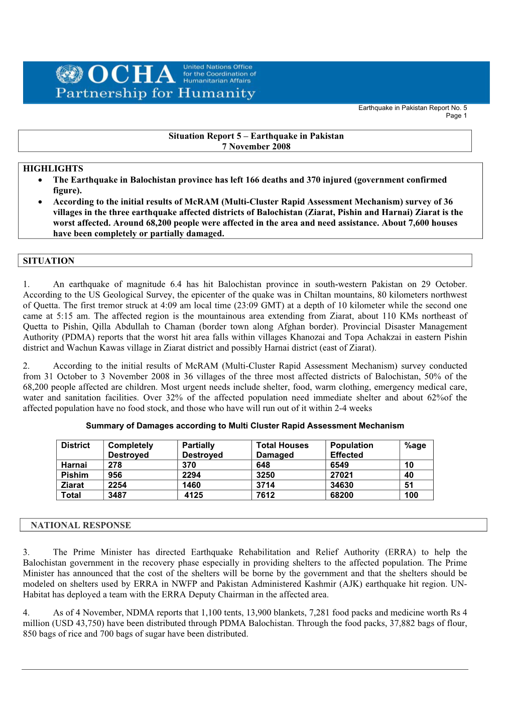 Situation Report 5 – Earthquake in Pakistan 7 November 2008
