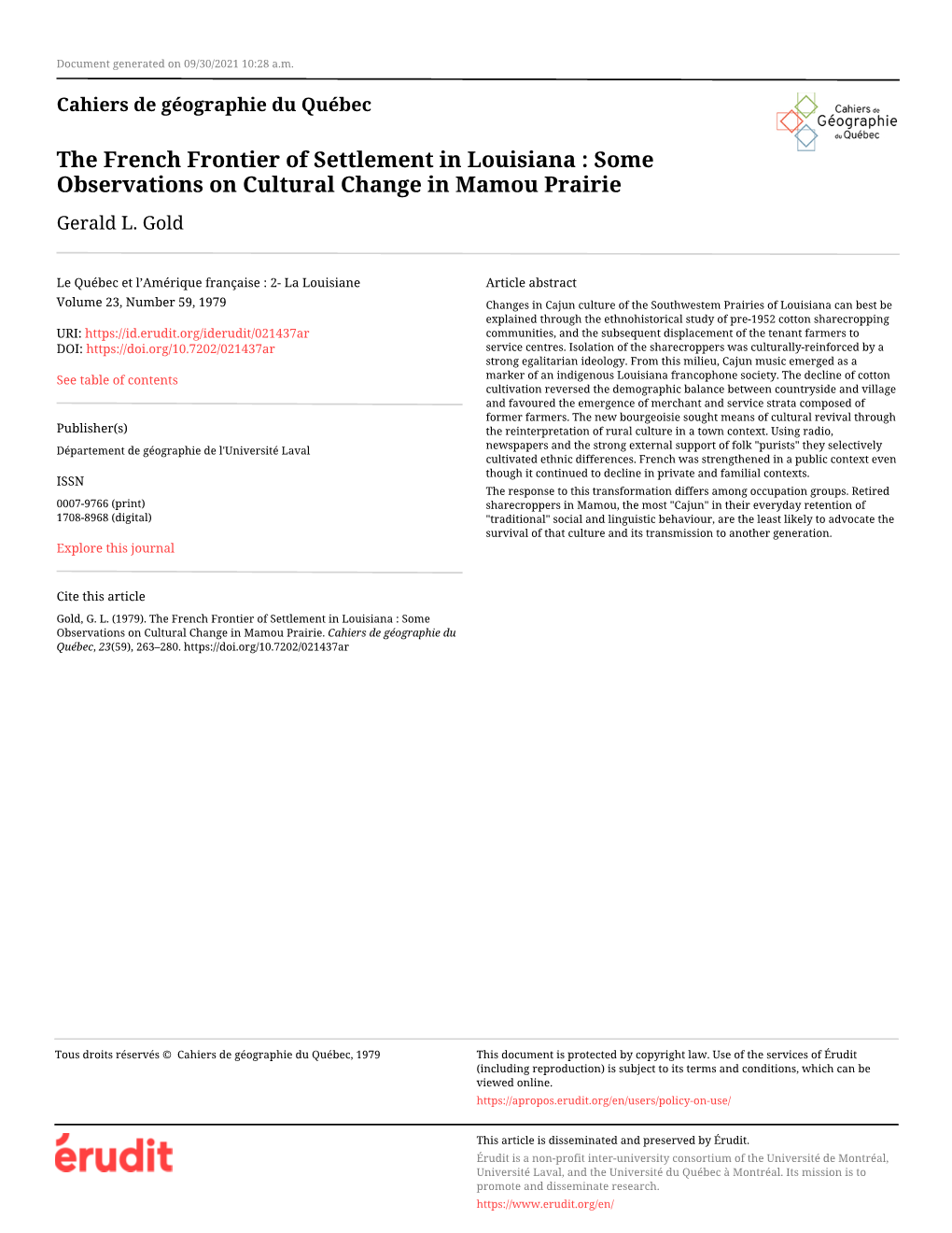 The French Frontier of Settlement in Louisiana : Some Observations on Cultural Change in Mamou Prairie Gerald L