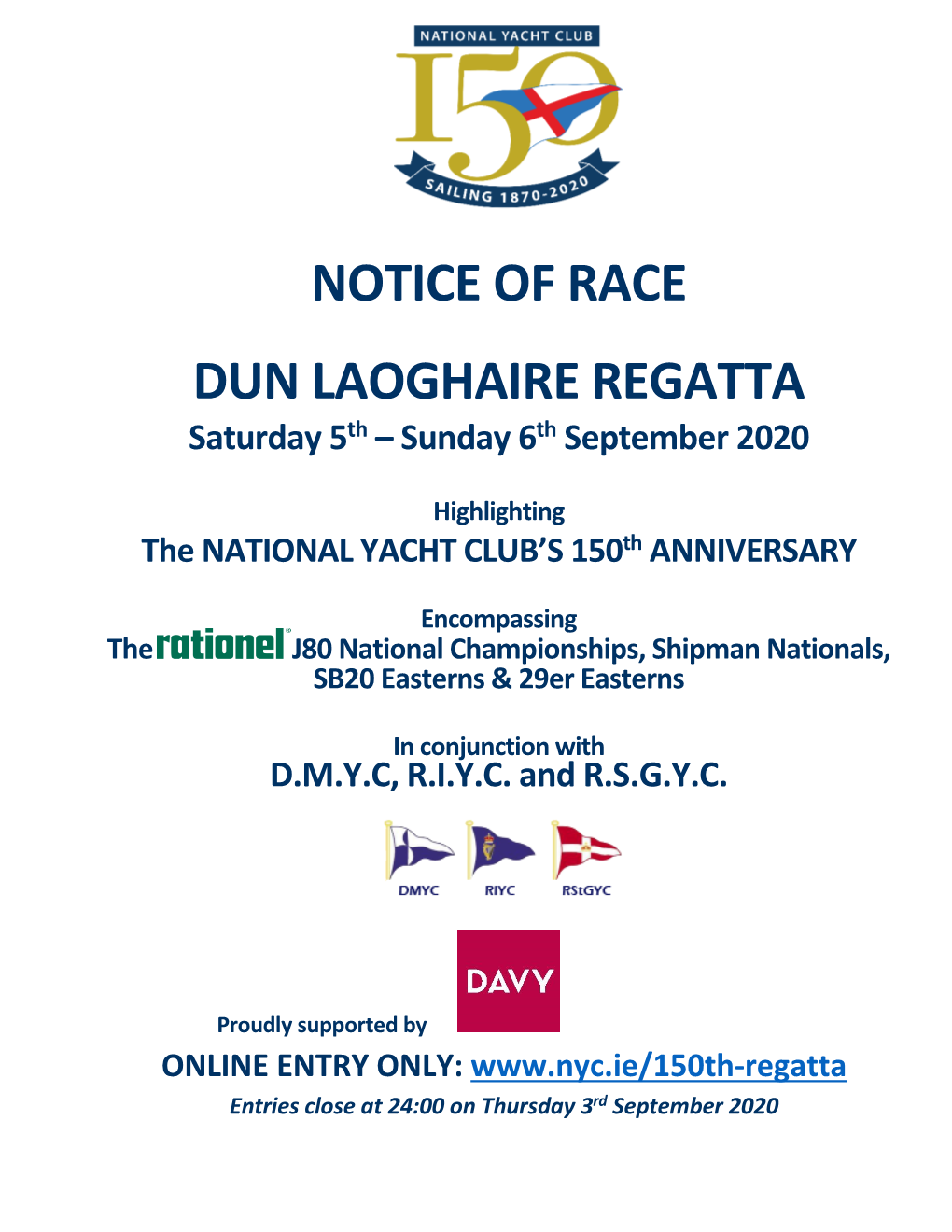 DUN LAOGHAIRE REGATTA Saturday 5Th – Sunday 6Th September 2020