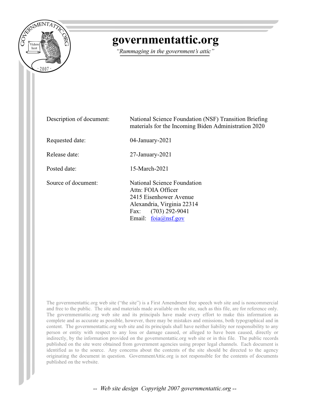 National Science Foundation (NSF) Transition Briefing Materials for the Incoming Biden Administration 2020