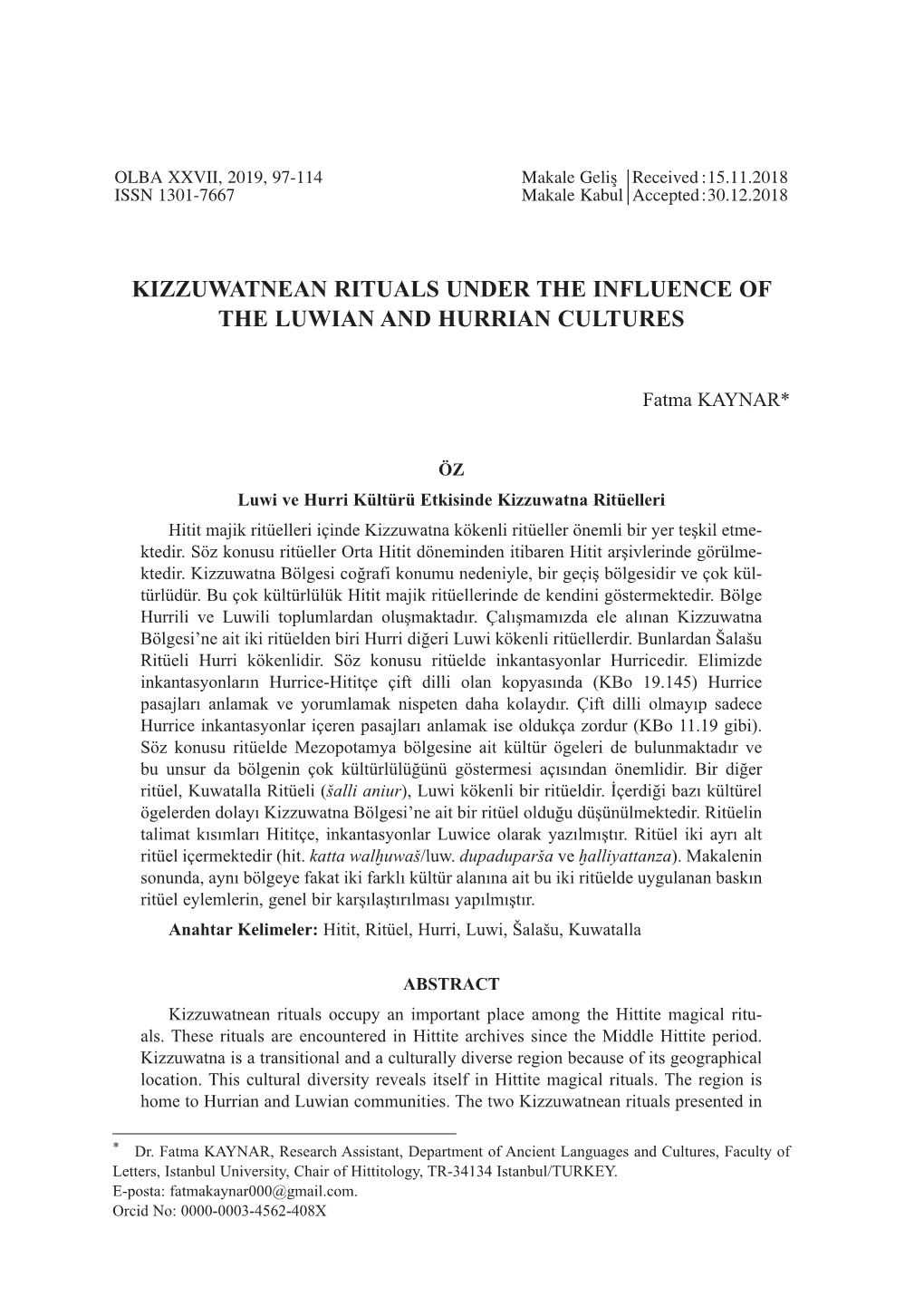 Kizzuwatnean Rituals Under the Influence of the Luwian and Hurrian Cultures