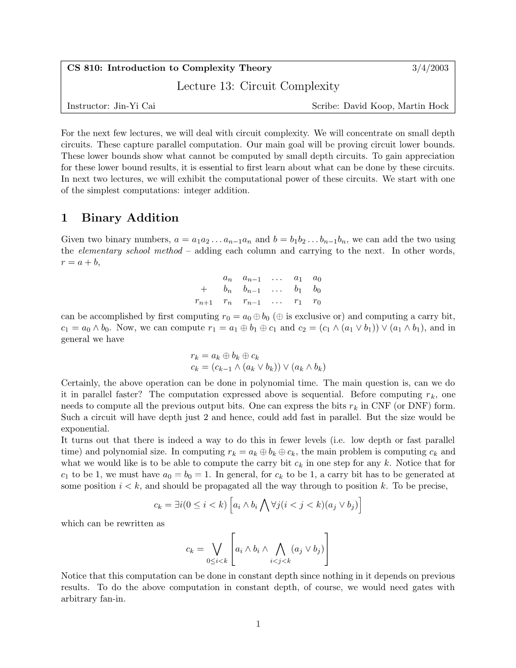 Lecture 13: Circuit Complexity 1 Binary Addition