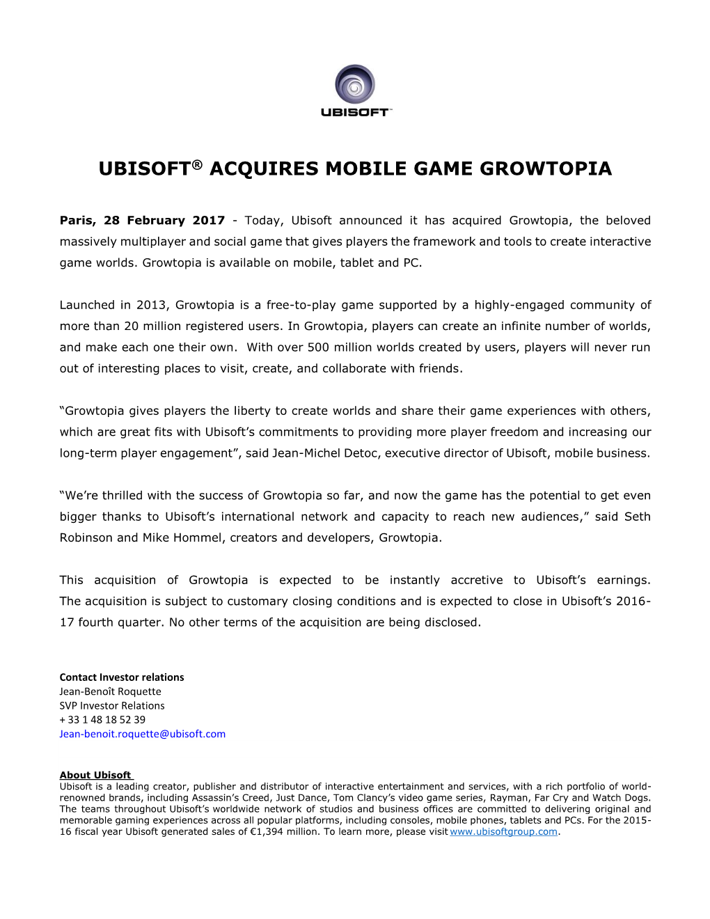 Ubisoft® Acquires Mobile Game Growtopia