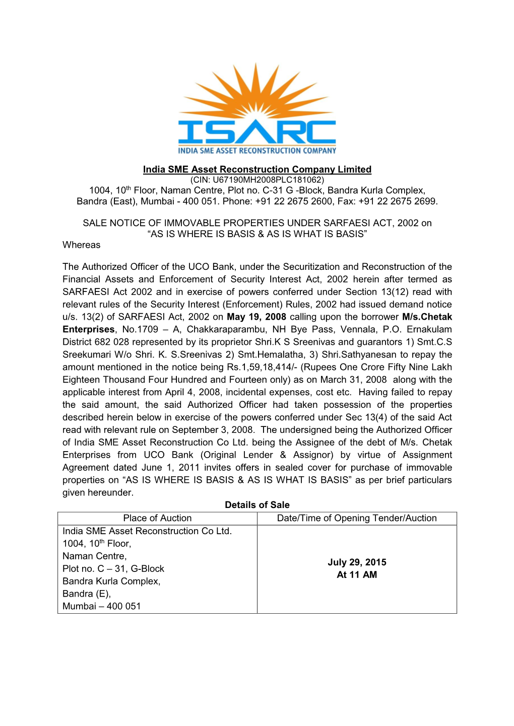 India SME Asset Reconstruction Company Limited 1004