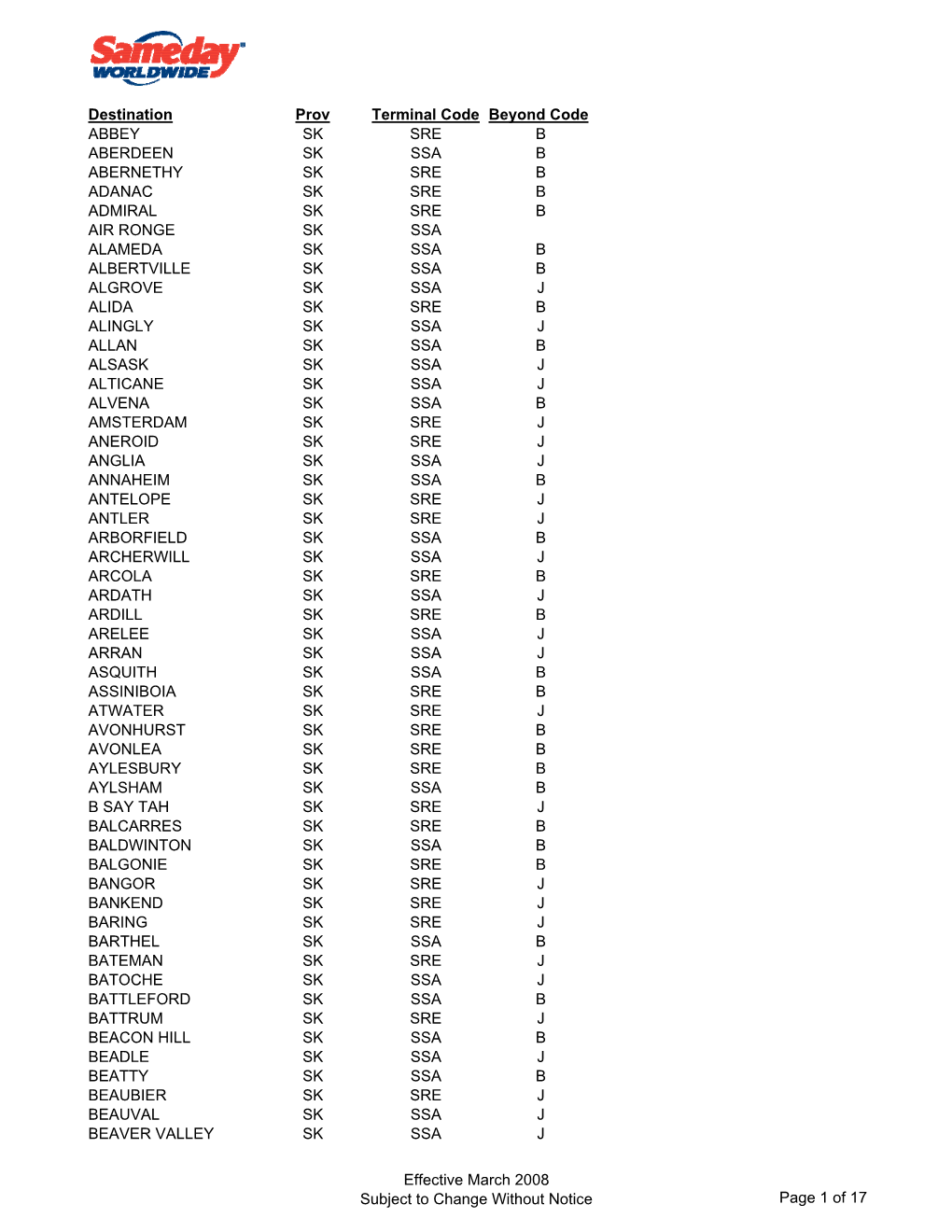 Destination Prov Terminal Code Beyond Code ABBEY SK SRE B