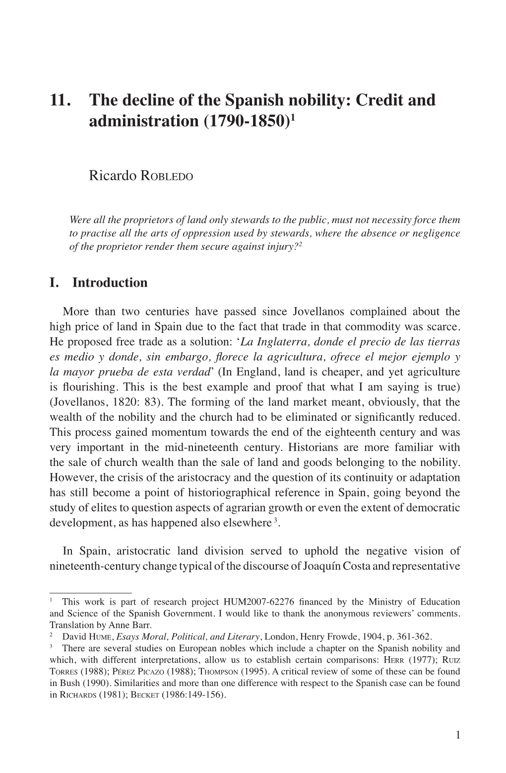 11. the Decline of the Spanish Nobility: Credit and Administration (1790-1850)1