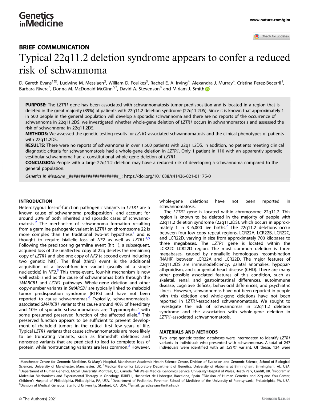 Typical 22Q11.2 Deletion Syndrome Appears to Confer a Reduced Risk of Schwannoma ✉ D