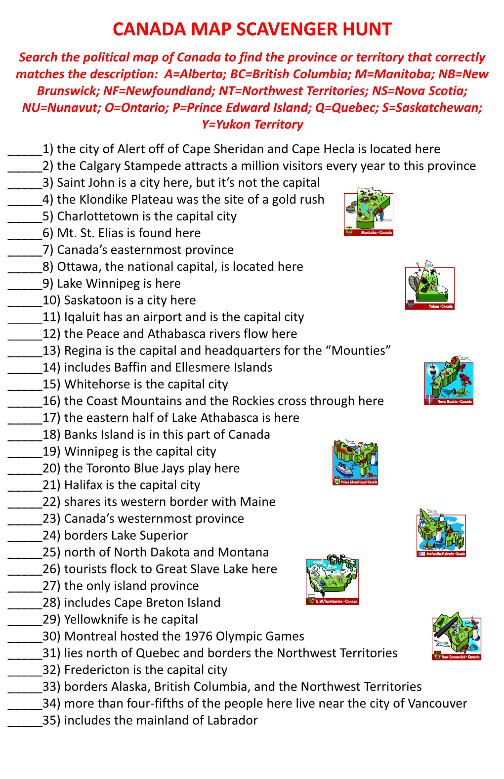 Canada Map Scavenger Hunt