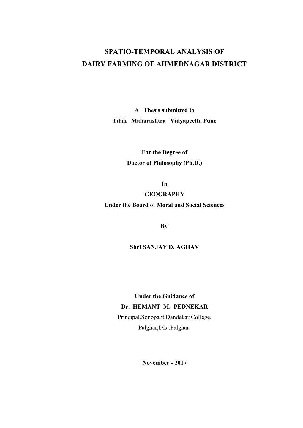 Spatio-Temporal Analysis of Dairy Farming of Ahmednagar District