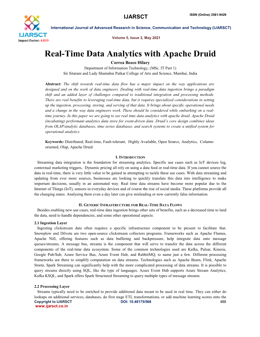 Real-Time Data Analytics with Apache Druid Correa Bosco Hilary Department of Information Technology, (Msc