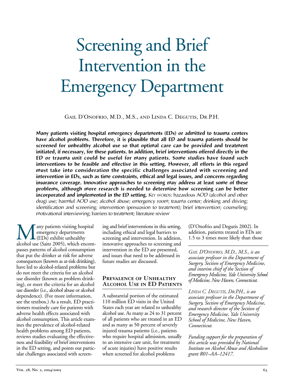 Screening and Brief Intervention in the Emergency Department