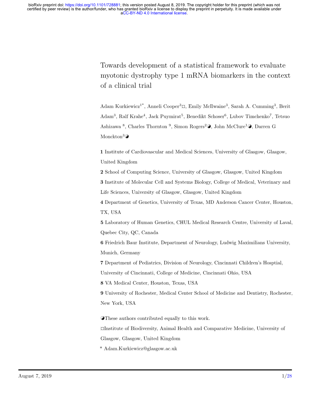 Towards Development of a Statistical Framework to Evaluate Myotonic Dystrophy Type 1 Mrna Biomarkers in the Context of a Clinical Trial